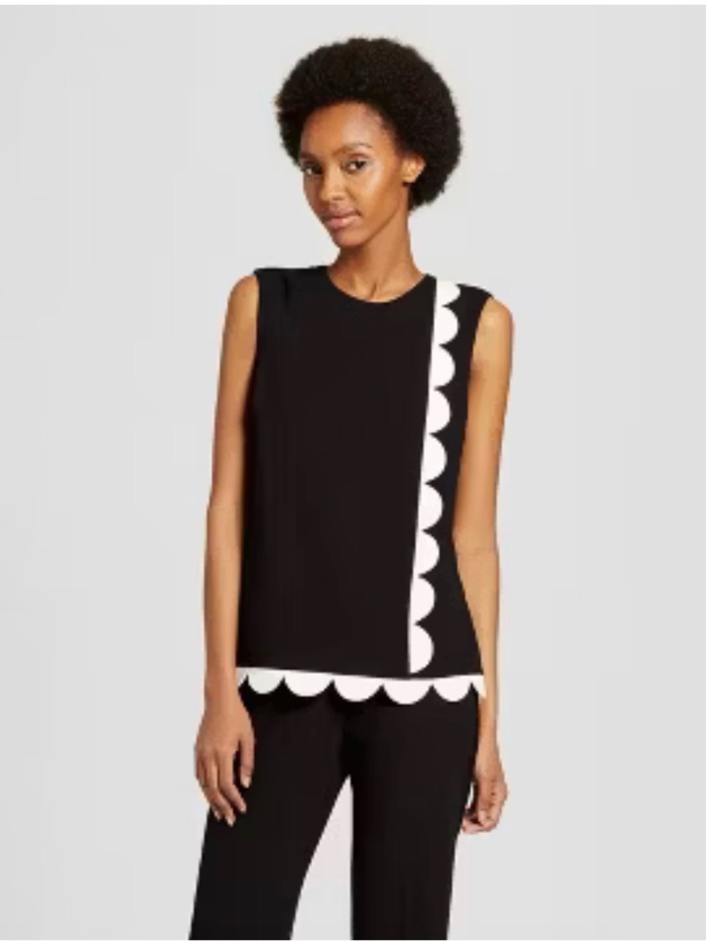 Victoria Beckham Black Sleeveless Shell Top with White Scallop Trim